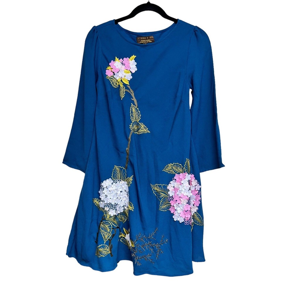 Anthropologie Varun Bahl Hydrangea Floral Dress Blue  Applique‎ Embroidery Sz 0
